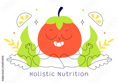 Holistic Nutrition Vector Illustration Featuring Healthy Food, Fruits, and Vegetables, Emphasizing Lifestyle and Environmental Aspects in a Background