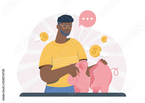 Man breaking a piggy bank with flying coins around, cartoon style on a white and pink background. Concept of financial loss, savings, or budget stress. Vector illustration