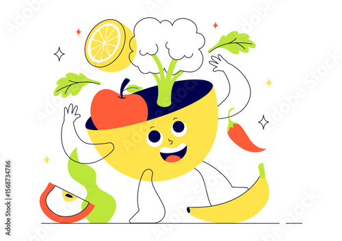Holistic Nutrition Vector Illustration Featuring Healthy Food, Fruits, and Vegetables, Emphasizing Lifestyle and Environmental Aspects in a Background