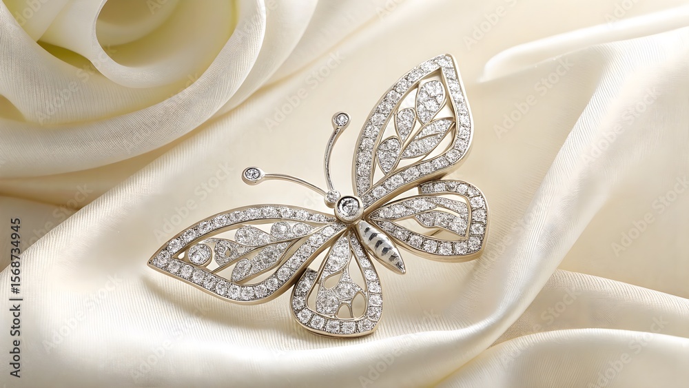 Fototapeta premium Jewelry macro of diamond-studded white gold butterfly brooch on ivory texture—delicate luxury for premium lifestyle branding.