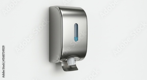 A metallic wall-mounted soap dispenser.  Modern, sleek design