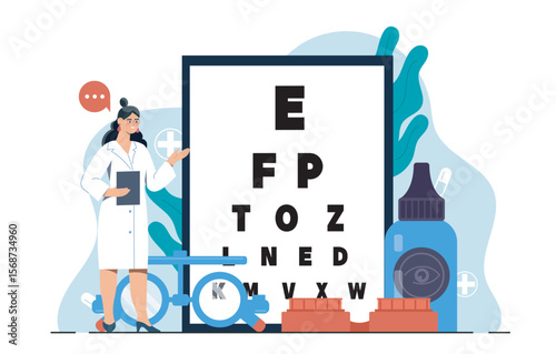 Female optometrist with eye chart, magnifying lens, and eye drops on abstract medical background. Concept of vision test and eye care. Vector illustration