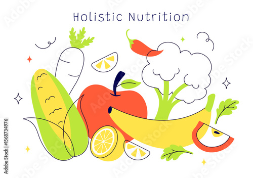 Holistic Nutrition Vector Illustration Featuring Healthy Food, Fruits, and Vegetables, Emphasizing Lifestyle and Environmental Aspects in a Background