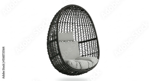 Dark gray woven egg-shaped hanging chair with light gray cushions
