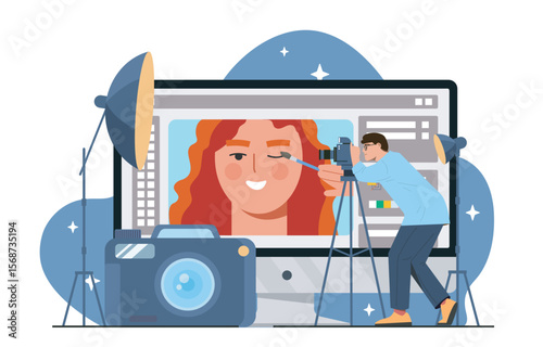 Man with camera and lighting setup editing a woman's portrait on a large computer screen, cartoon style, on a white background. Concept of editing. Vector illustration