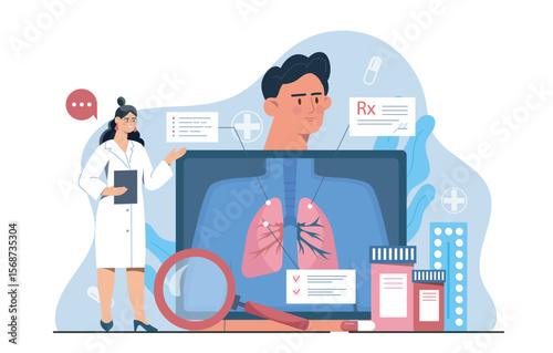 Scientists analyzing lung structure and cells with magnifying glass and microscope, flat graphic style, on abstract blue background. Concept of health research. Vector illustration