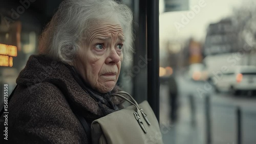 Anxious old woman waiting at bus stop