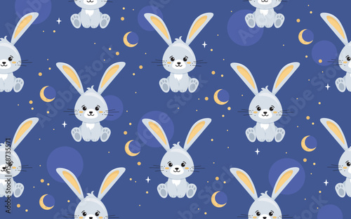 Seamless pattern with adorable cartoon bunnies, yellow crescent moons, stars, and dots on a dark blue background. Design concept for kids. Vector illustration
