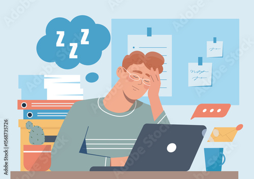 A tired office worker dozing off at his desk with a laptop, folders, and coffee cup on a light blue background, concept of burnout and overwork. Vector illustration