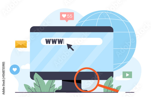 Computer monitor with WWW in search bar, cursor icon, magnifying glass, globe, and social media icons on white background. Concept of internet browsing. Vector illustration