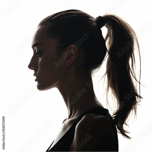 Woman's Profile Silhouette: Elegant Female Headshot with Ponytail Vector