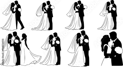 Vector, isolated silhouette of wedding, couple, bride, groom, marriage collection, set,
