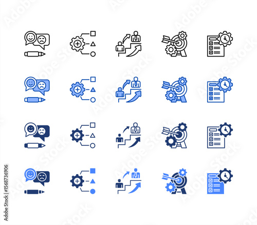 Management Development Program icon sheet multiple style collection. Feedback, Resource allocation, Succession planning, Goal setting, Time management. 