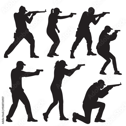 Shooting Range Silhouettes: Diverse People Posing with Firearms Vector
