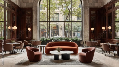 Modern lobby with rich tones and city views