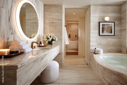 Luxurious spa-like bathroom with light beige marble, round mirror, and soaking tub