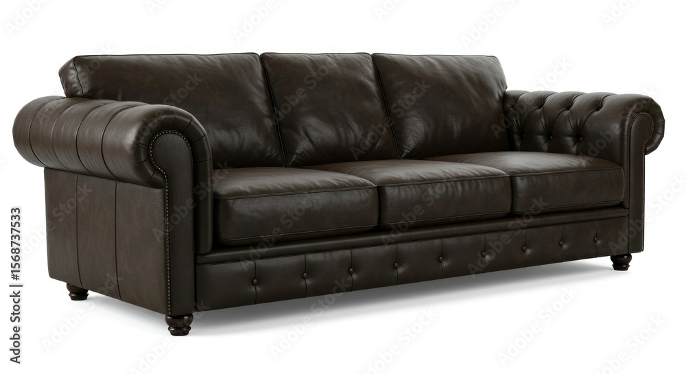 Obraz premium Dark brown leather sofa with tufted back and armrests