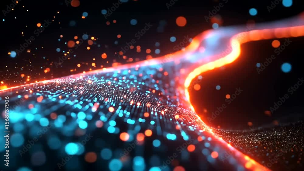 Abstract digital data stream with glowing particles and bright red-orange light trail