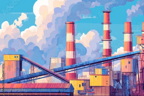Colorful Industrial Scene with Smokestacks and Conveyor System