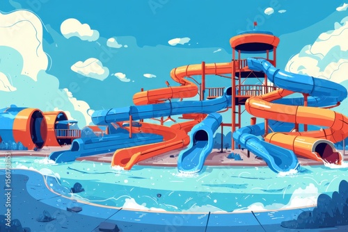 Colorful Water Slide Park with Dynamic Twists and Fun Features