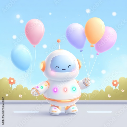 Cute robot character with colorful balloons in a bright landscape