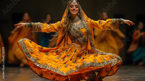 Woman in yellow dress performs Indian dance on stage