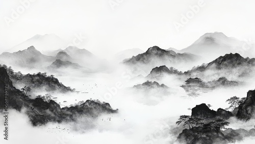 Monochromatic ink wash painting of misty mountains and trees.