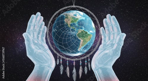 Earth held within a dreamcatcher, hands reaching out