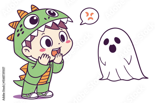 Vector cute Baby Boy cartoon character, with a surprised gasp and hands covering mouth, wearing a green monster outfit and looking at a friendly ghost, in a playful, Halloween-themed style, isolated o