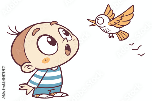 Vector cute Baby Boy cartoon character, with a surprised expression and wide eyes, wearing a blue and white striped shirt and looking at a flying bird, in an amazed, innocent style, isolated on white 