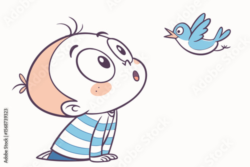 Vector cute Baby Boy cartoon character, with a surprised expression and wide eyes, wearing a blue and white striped shirt and looking at a flying bird, in an amazed, innocent style, isolated on white 