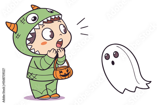Vector cute Baby Boy cartoon character, with a surprised gasp and hands covering mouth, wearing a green monster outfit and looking at a friendly ghost, in a playful, Halloween-themed style, isolated o