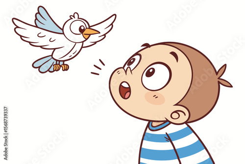 Vector cute Baby Boy cartoon character, with a surprised expression and wide eyes, wearing a blue and white striped shirt and looking at a flying bird, in an amazed, innocent style, isolated on white 