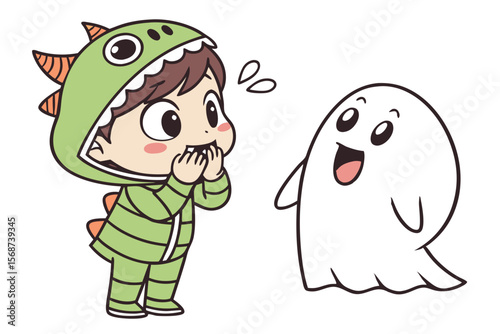 Vector cute Baby Boy cartoon character, with a surprised gasp and hands covering mouth, wearing a green monster outfit and looking at a friendly ghost, in a playful, Halloween-themed style, isolated o