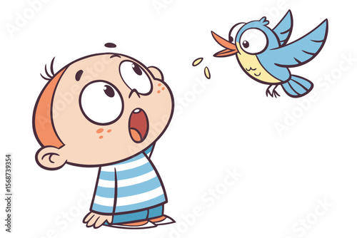 Vector cute Baby Boy cartoon character, with a surprised expression and wide eyes, wearing a blue and white striped shirt and looking at a flying bird, in an amazed, innocent style, isolated on white 