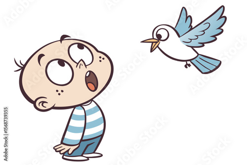Vector cute Baby Boy cartoon character, with a surprised expression and wide eyes, wearing a blue and white striped shirt and looking at a flying bird, in an amazed, innocent style, isolated on white 