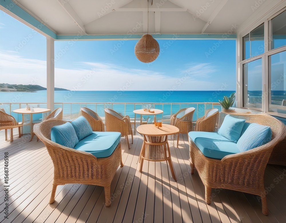 Fototapeta premium Sunlit beachside cafe with oceanfront seating and clear skies