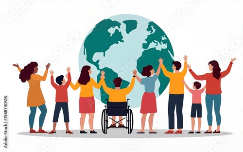 Unified Voices: Illustration of a diverse group of people with various disabilities holding hands in unity, standing beneath a globe. International Day of Persons with Disabilities. Stand Together