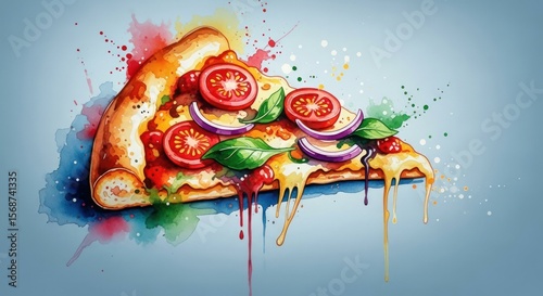 Watercolor pizza slice with tomatoes, basil, and onion topping