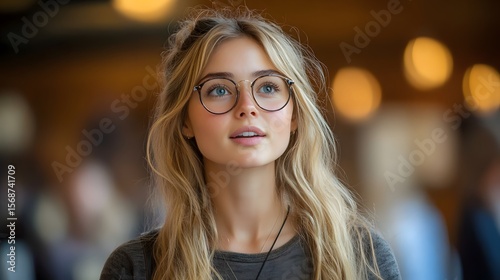 Young woman, pensive gaze, indoor setting, bokeh background