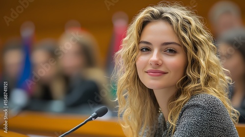 Young woman smiling, indoor event, blurred background