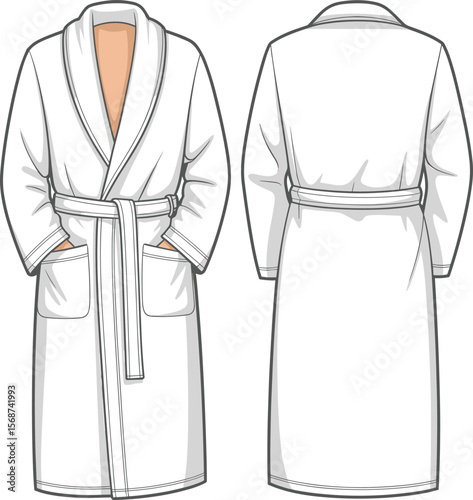 Plain white bathrobe CAD drawing flat vector illustration, comfortable loungewear, spa attire, hotel amenity, cozy garment, fashion design resource, customizable template, soft fabric simulation.