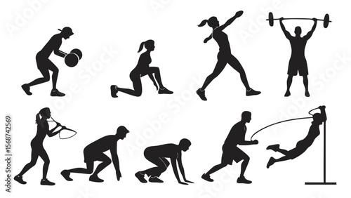 Fitness Workout Silhouettes Clip Art — Weightlifting, Squats, Yoga, Cardio, Pushups, Jump Rope & Bodybuilding SVG Set