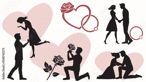 Romantic Couple Silhouettes Clip Art — Holding Hands, Proposals, Hugging, Kissing, Dancing & Heart Poses for Gifts