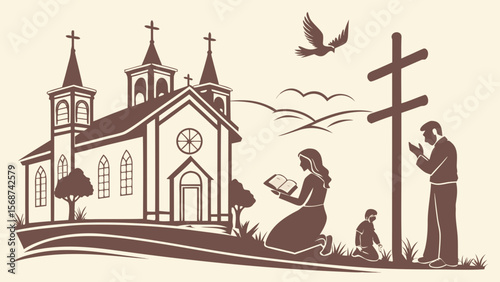 Christian Silhouettes Clip Art — Cross, Praying Hands, Jesus, Worship, Bible, Doves & Church Scenes for Faith Decor