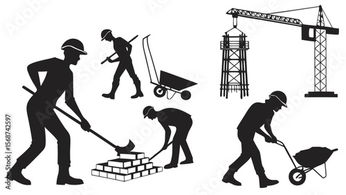 Construction Silhouette Clip Art — Workers, Helmets, Tools, Vehicles, Cranes, and Action Poses for Industry Graphics