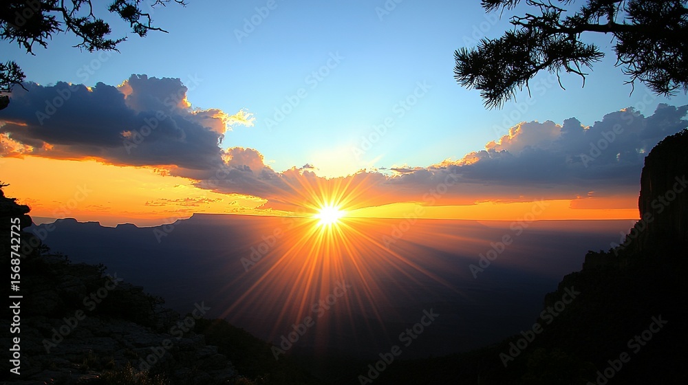 Naklejka premium Grand canyon sunset with vibrant colors and sun rays.