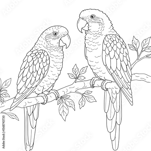 Two tropical parrots perched on a leafy branch, drawn in elegant black-and-white line art for coloring.