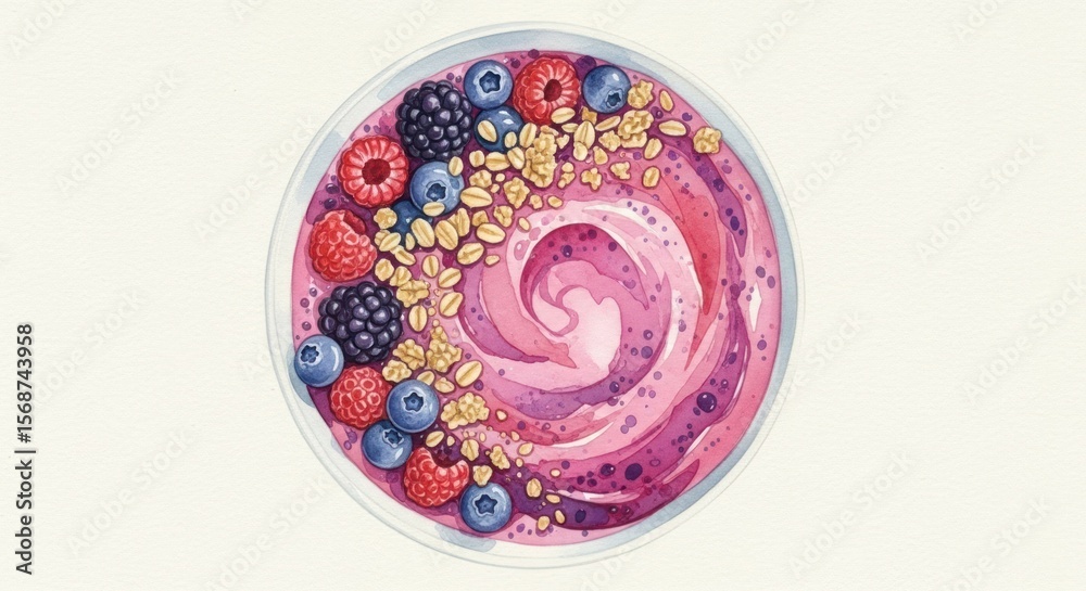 Fototapeta premium Smoothie bowl with granola and berries, top view, watercolor style