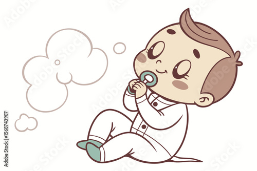 Vector cute Baby Boy cartoon character, with a sweet sigh and contented smile, wearing a soft white onesie and holding a pacifier, in a calm, serene style, isolated on white background